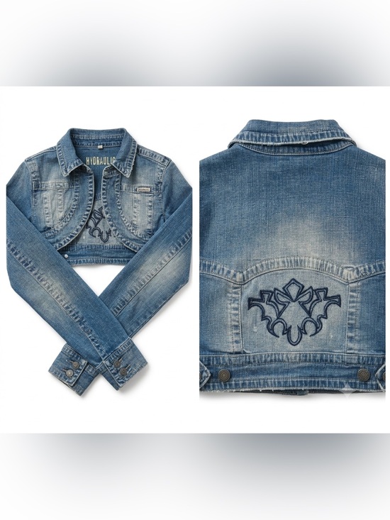 Hydraulic Jackets & Blazers - Hydraulic Vintage Y2K‎ Cropped Denim Shrug Jacket Embroidered Back M